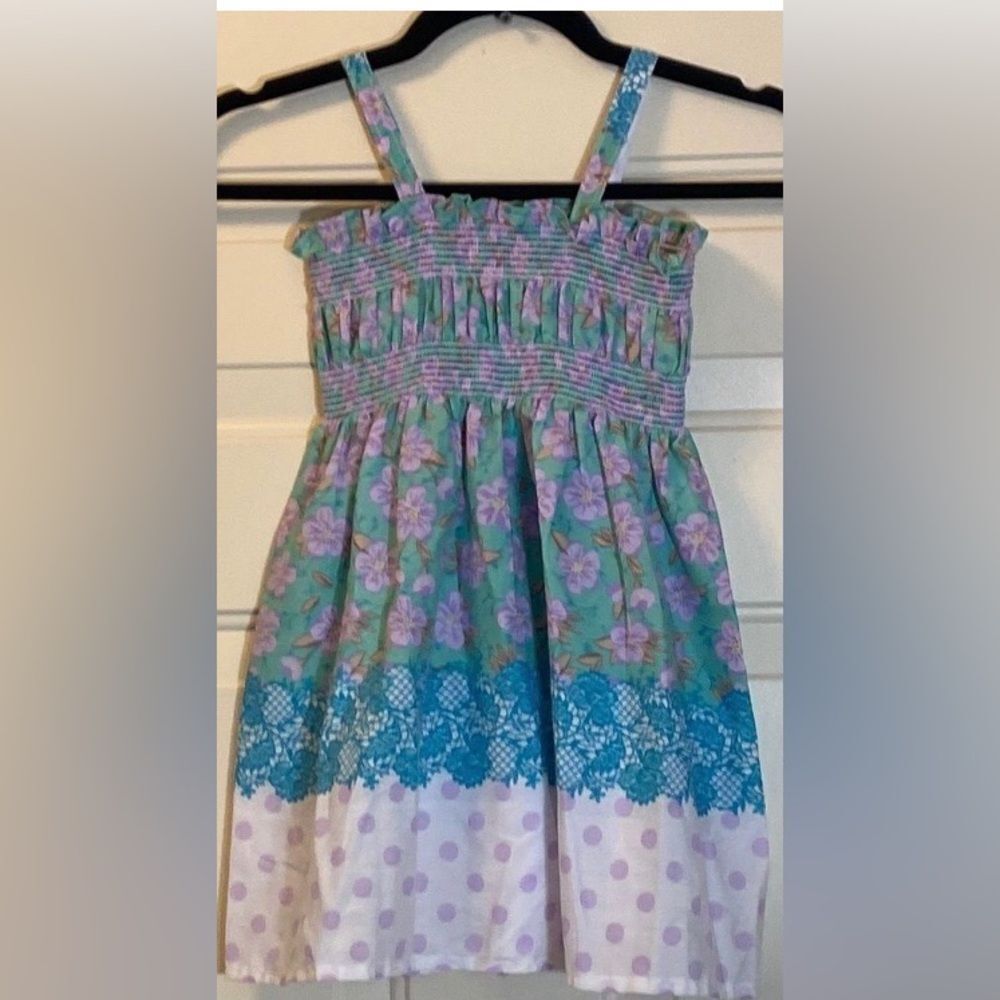 🥰Floral and Polka Dot Sundress with Blue Lace Handmade Size Appropriate 5-6